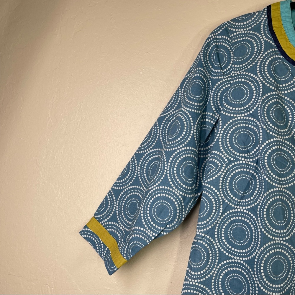Boden Blue Circular Print Midi Dress with Yellow Trim - Picture 4 of 9